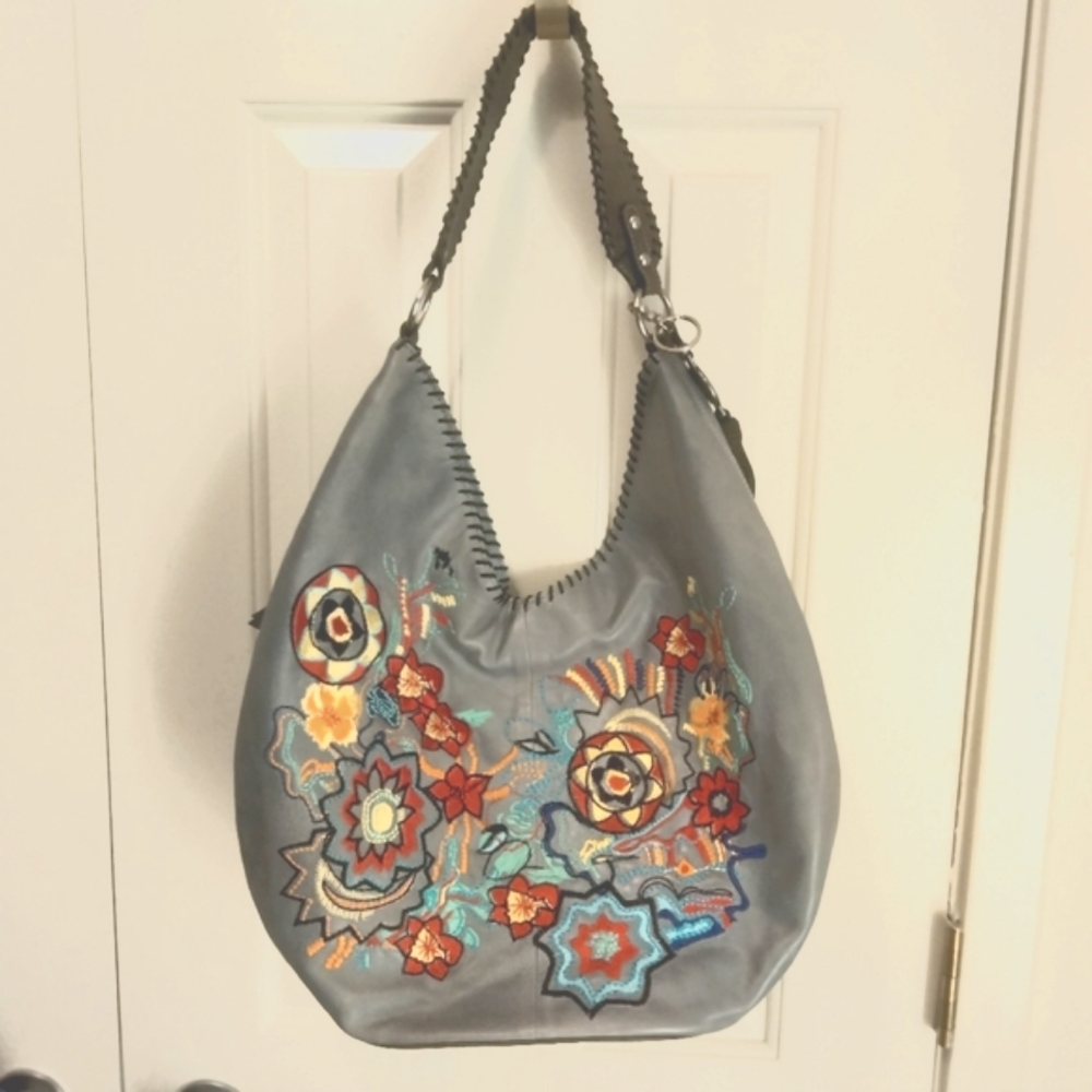 Firenze Bella "Garbo" Floral Leather Hobo Shoulder Bag Purse